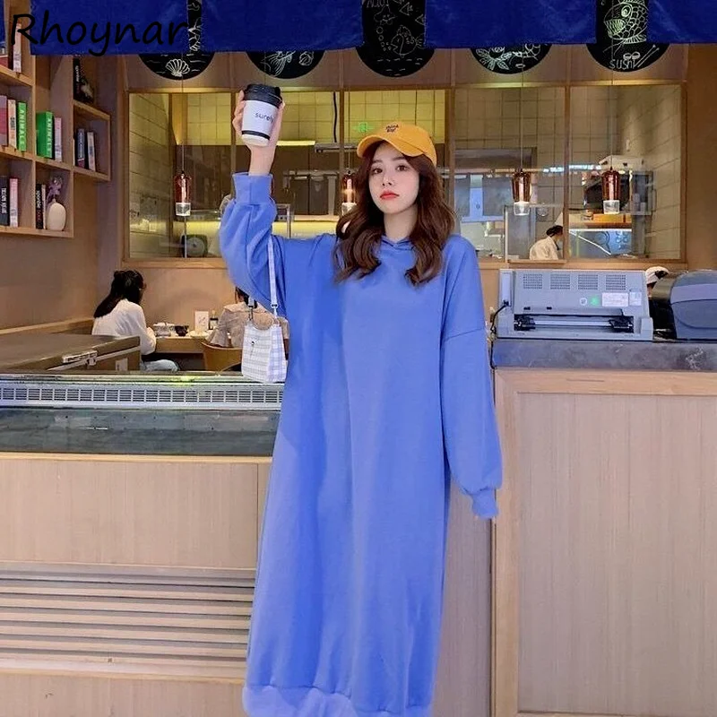 فستان نسائي بقلنسوة بسيط سادة فضفاض للخريف للفتيات Preppy كاجوال فضفاض بأكمام طويلة ملابس للحوامل على الطراز الكوري Ins