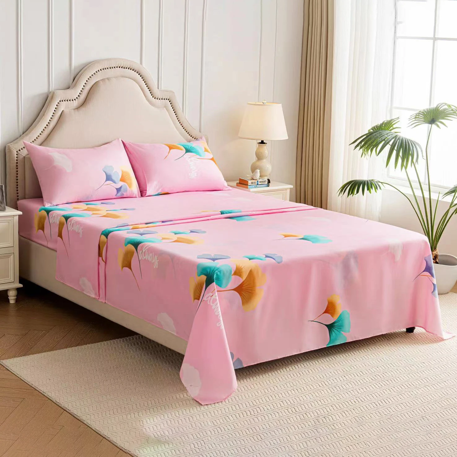 Parure de lit en coton King/Queen 4 pièces avec draps-housses, taies d'oreiller et drap plat, ensemble de luxe pour toutes les saisons pour la chambre à coucher.