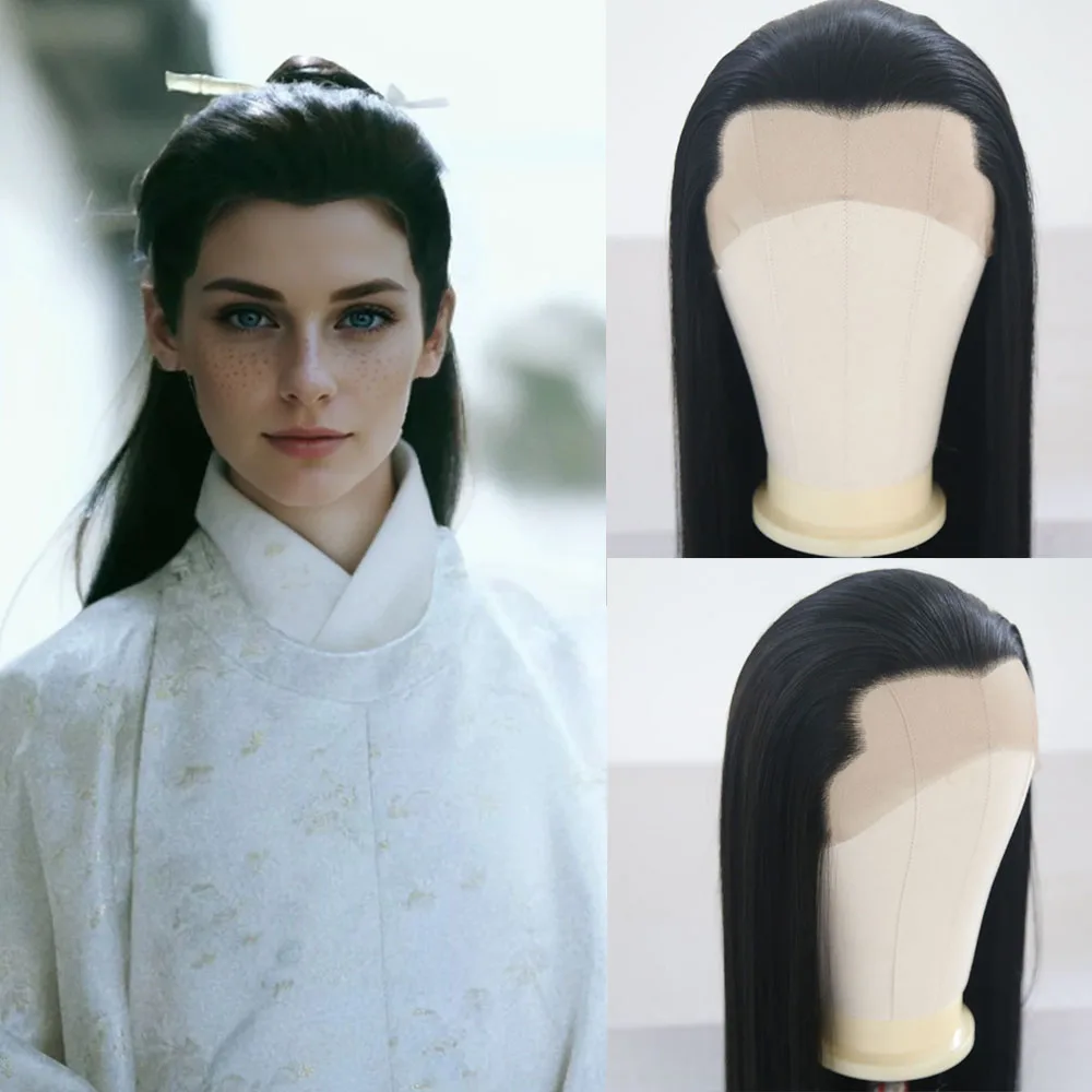 Lace Front Wig RONGDUOYI Cosplay Wig White Synthetic Lace Front Wigs for Women Or Men Use Long Straight Hair Black Silky Straight Natural Daily