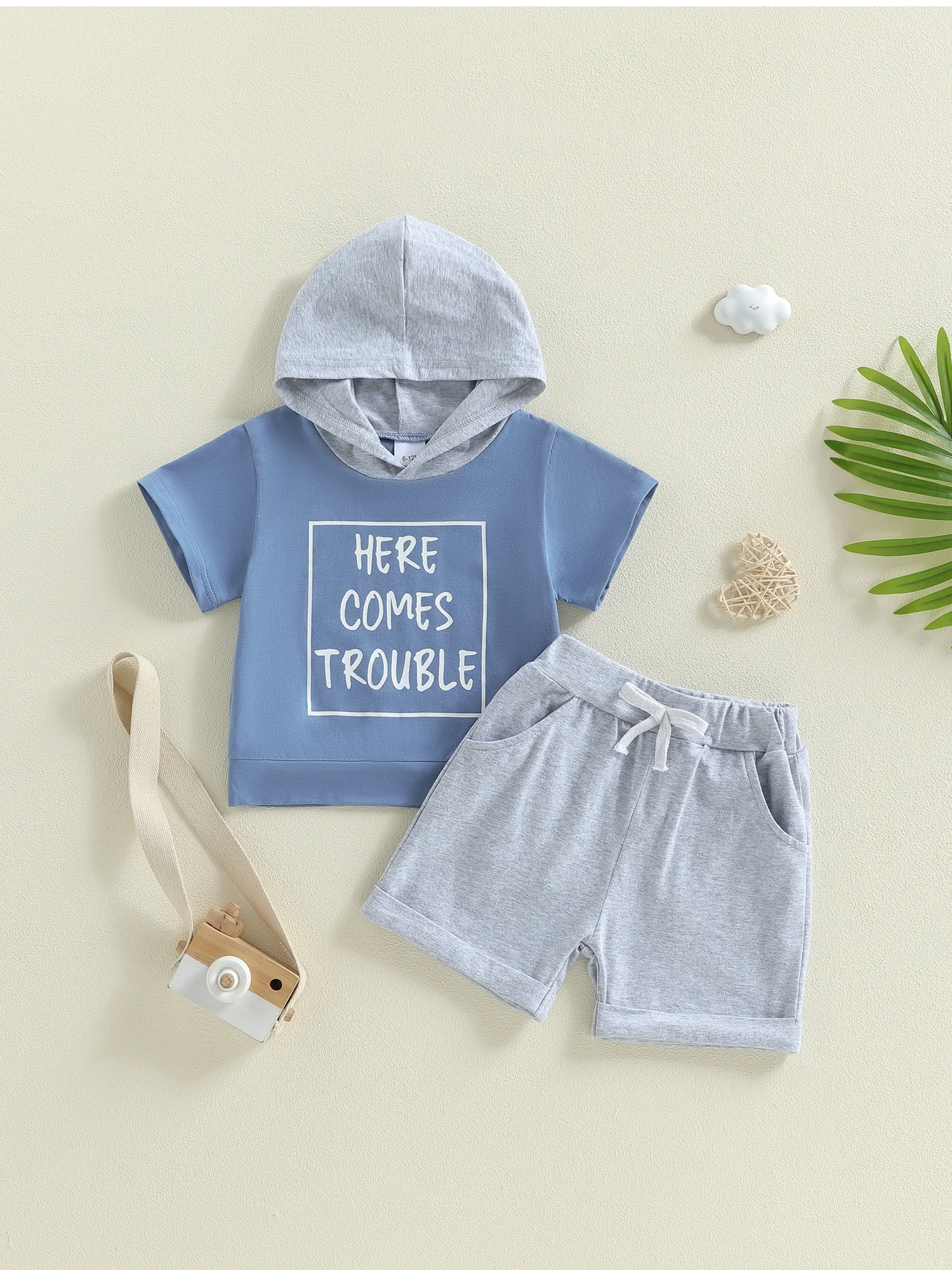 Boys 2-Piece Summer Outfit Set with Short-Sleeve Hooded Top and Printed Shorts for Toddlers Letter Print Design