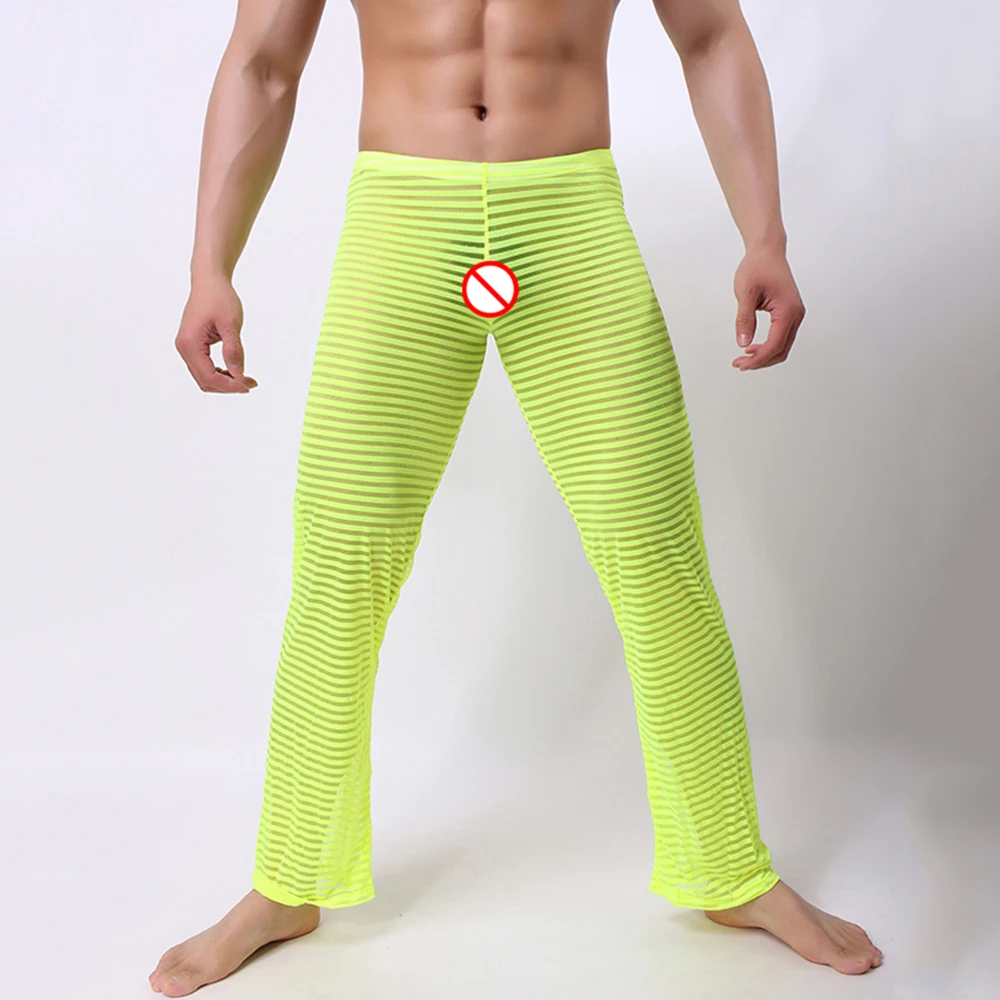 Sexy Men Sleepwear Pants See-Through Breathable Stripe Breathable Soft Pajamas Sleep Bottoms  Trousers Homewear Underpants men's pajama sets