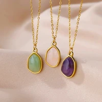 Collier ovale en pierre colorée pour femmes, en acier inoxydable, couleur or, opale verte, pendentif, bijoux esthétiques, Gif 4