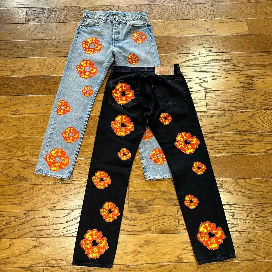 2024 New Harajuku Flame Kapok Print Jeans American Men's and Women's High Street Loose Straight Trousers y2k men’s jeans