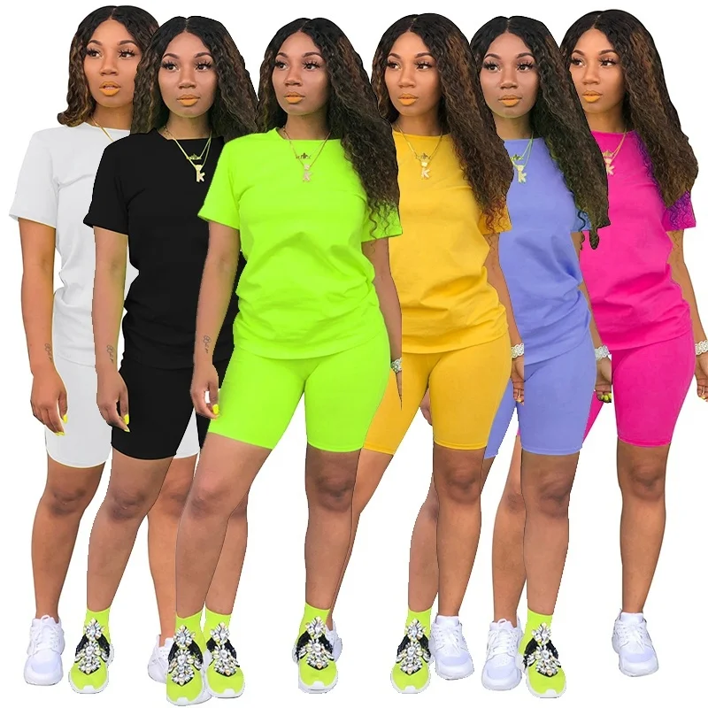 Summer Womens Fashion Short Sleeve T-shirt and Tight-fitting Shorts 2pc Set Tracksuit Ladies Sports Jogging Suits Outfit womens fashion short sleeve t shirt and tight fitting shorts 2pc set tracksuit ladies sports jogging suits outfit