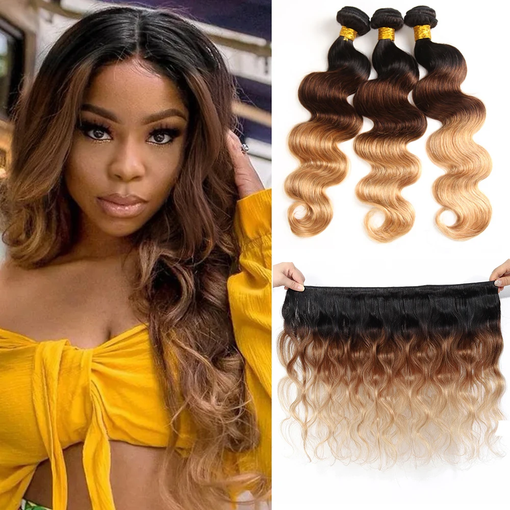 

Brazilian Body Wave Hair Weave Bundles Ombre Colored 100% Human Hair Extension Wavy 1b/4/27 Blonde Remy Hair Weaving