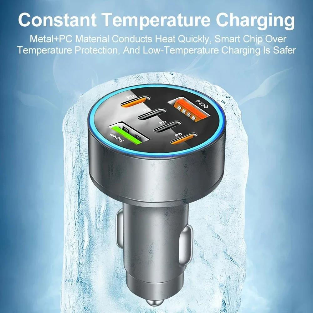 6 Ports PD Car Charger Cigarette Lighter Fast Charging PD QC3.0 USB C Car Phone Charger Adapter For iPhone Samsung Huawei Xiaomi