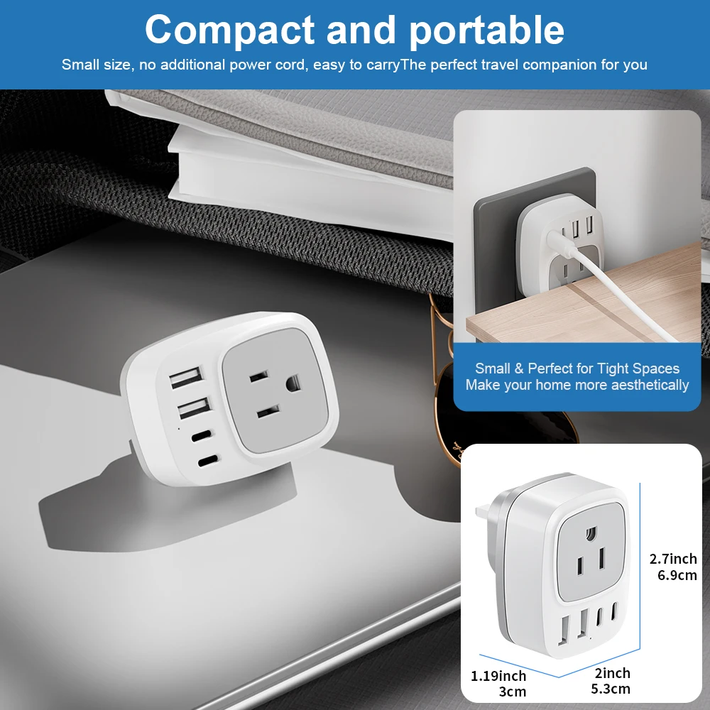 KOSHARE US to UK Travel Adapter Plug Outlet Expander Wall USB Charger 1 AC Outlet 2 USB 2 Type-C Ports