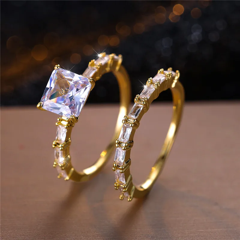 Luxury Female White Zircon Stone Ring Set Trendy Yellow Gold Color Engagement Cute Bride Wedding Jewelry Gift For Women