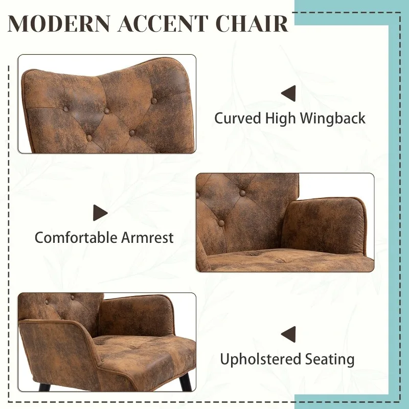 WingBack Chair, Rustic Accent Chair with Arms Upholstered, Button Backrest for Living Room (Brown) 3