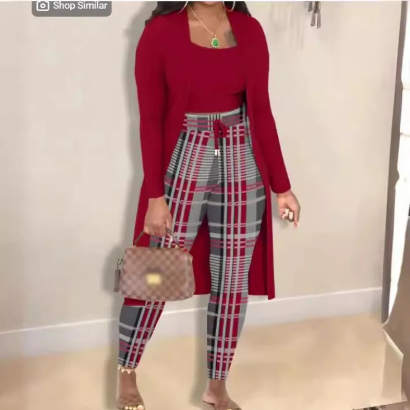 European and American Popular Autumn and Winter Women's Fashion Printed Jacket Trousers Three-piece Set