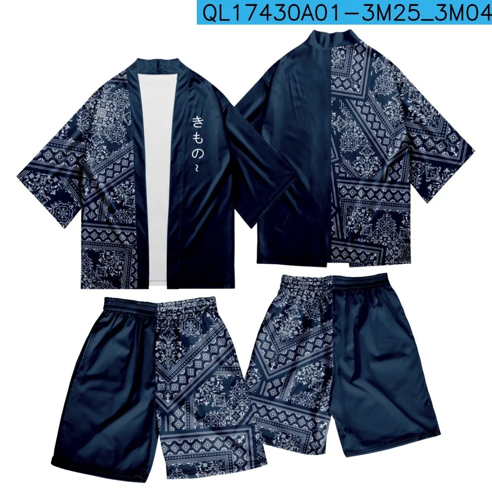 Summer Two-piece Suit Vintage Japanese Loose Cardigan Haori Yukata Green Demon Print Kimono Shorts Sets