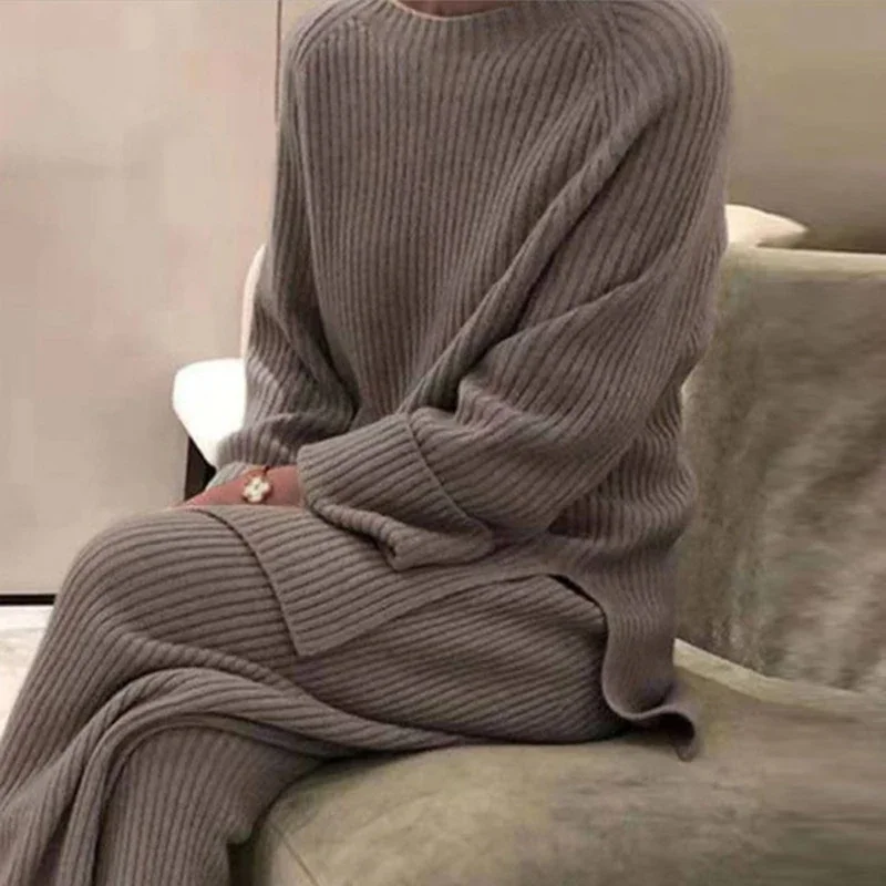 Women  Knitted Sweater Suit Casual Solid Color O-Neck Pullovers+Pants Suit Female Autumn Winter Soft Two Piece Set Homewear