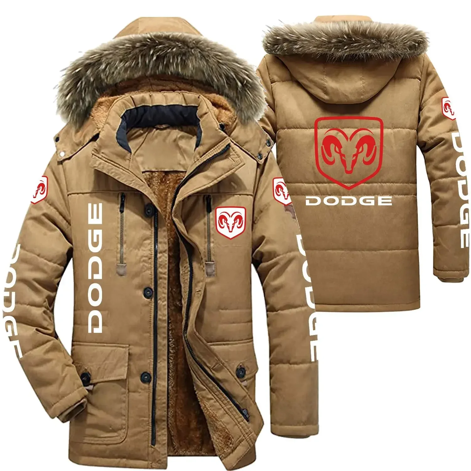DODGE Logo Men's Winter Cotton Jackets Hooded Parkas Lamb Fur Lining Plush Men Cold Thickening Fashion Motorcycle Jacket 3