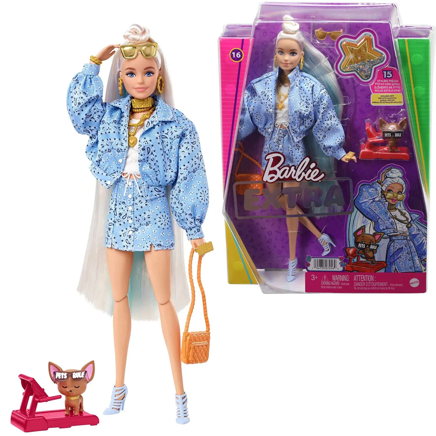 

Barbie Extra Doll #16 in Blue Paisley-Print Skirt & Jacket with Pet Extra-Long Hair & Accessories Flexible Joints Doll Toy HHN08