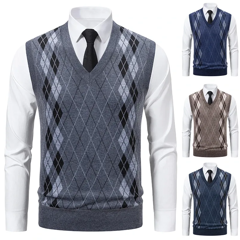 Men's Knitted Warm Sweater in Autumn and Winter V-neck Vest Diamond Grid Twisted Flower Casual Fashion Versatile Top