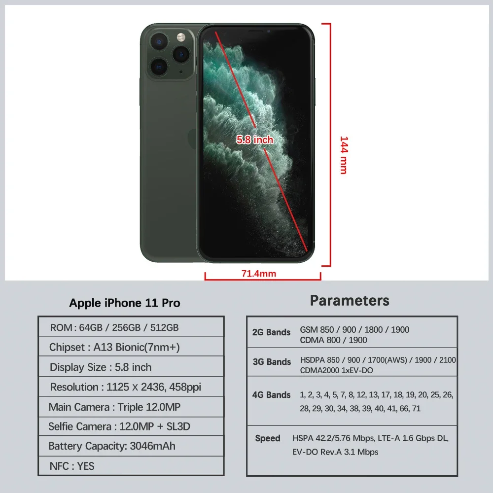 Original Apple iPhone 11 Pro Mobile Phone 5.8" Face ID 64GB/256GB A13 IOS 17 11Pro Genuine Unlocked 4G LTE CellPhone