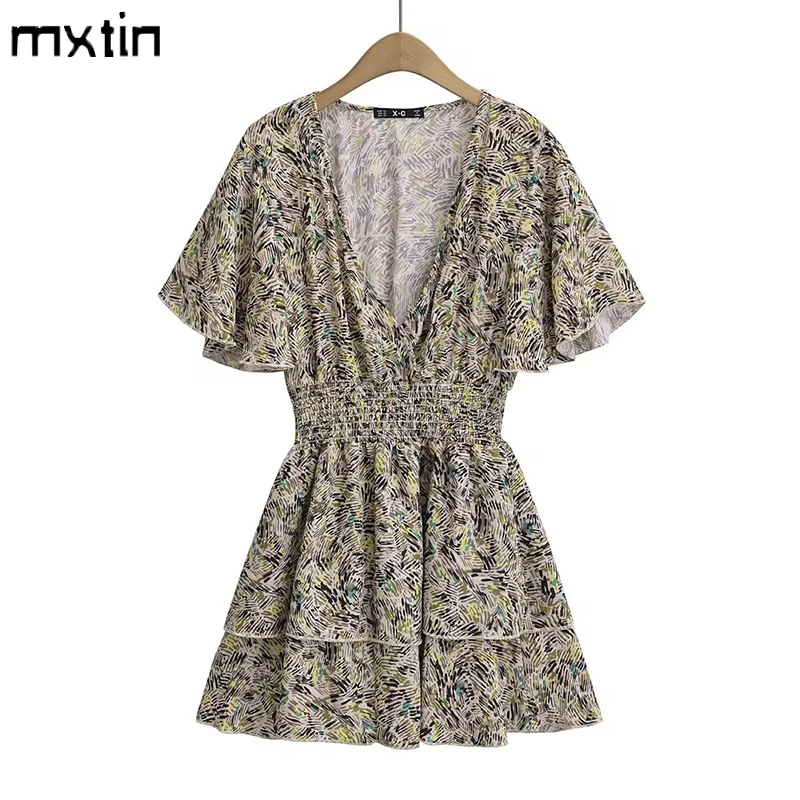 

Women Summer Cute Fashion Floral Print Mini Dress Vintage Spring Ruffle Puff Sleeve Elastic Waist Dresses Vestidos Mujer