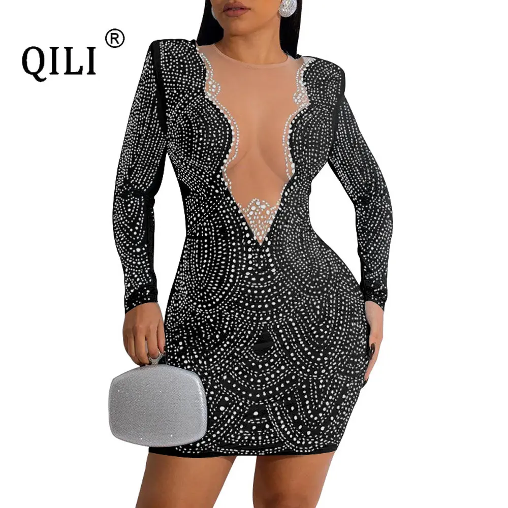 

QILI-Women's Diamonds Dress, Scalded Mesh, V-Neck, Long Sleeve, All Season, Wearable, Elegant Lady Party