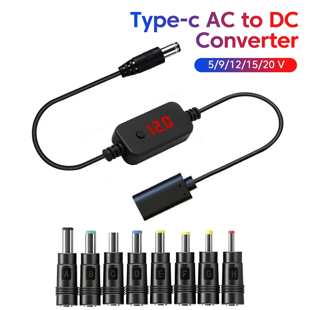 Type-c AC To DC Boost Cable Adjustable To 5/9/12/15/20V Fast Charging For Laptops USB C Male To DC Male Converter For Louter Fan