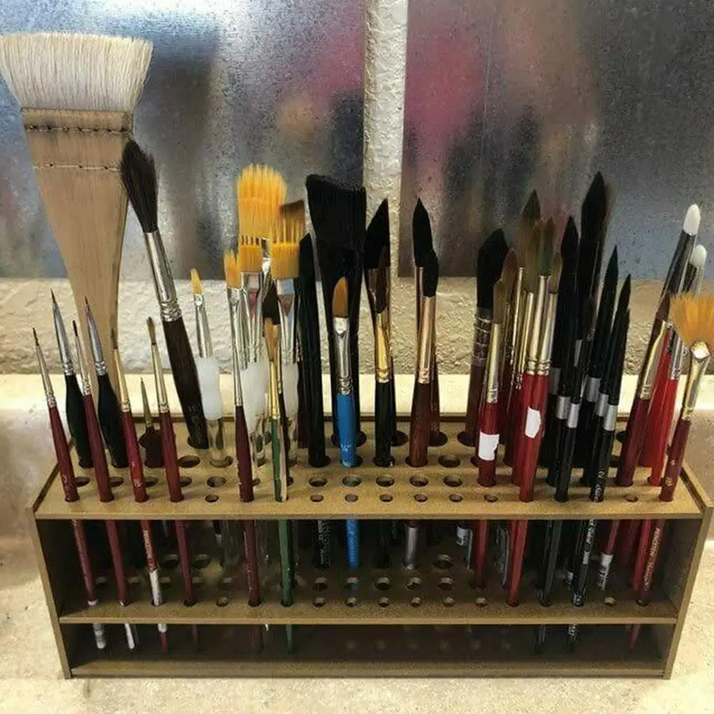 67 Holes Paintbrush Holder Stand Wooden Paint Brush Stand Desk Organizer Wall Mounted Makeup Brush Shelf Watercolor Tray pen holder pen and brush holder brush holder