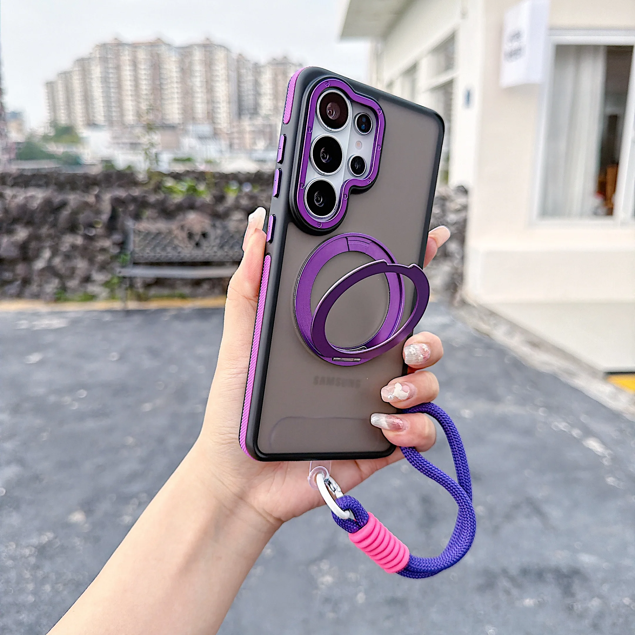 Matte Phone Case with 360° Rotatable Magnetic Kickstand and Lanyard - Protective Cover