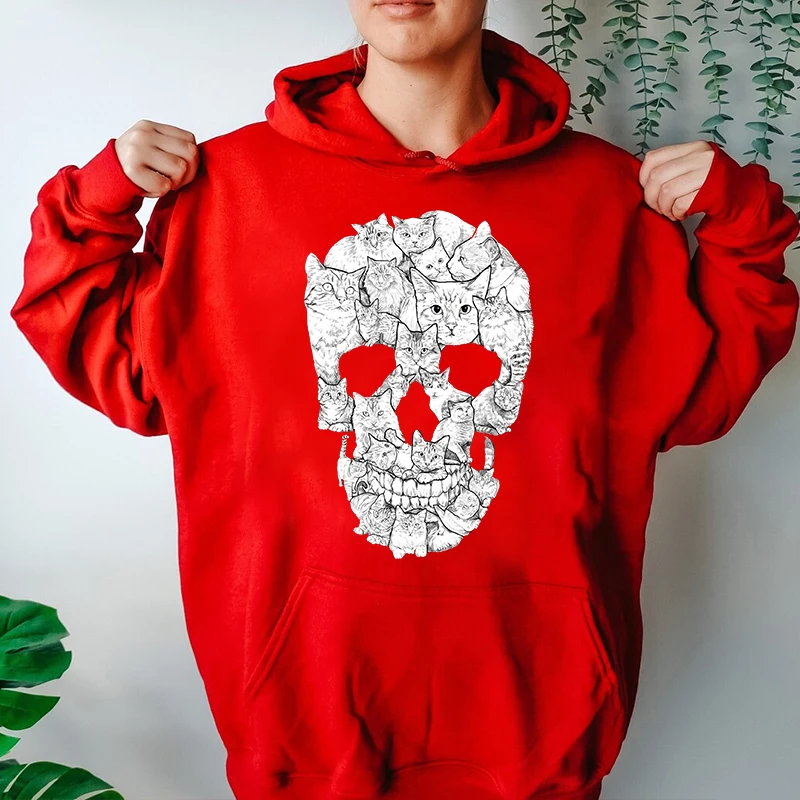Cat Skull Printed Women's Autumn and Winter Hoodies Fleece Sweatshirt Loose Tops - Image 4