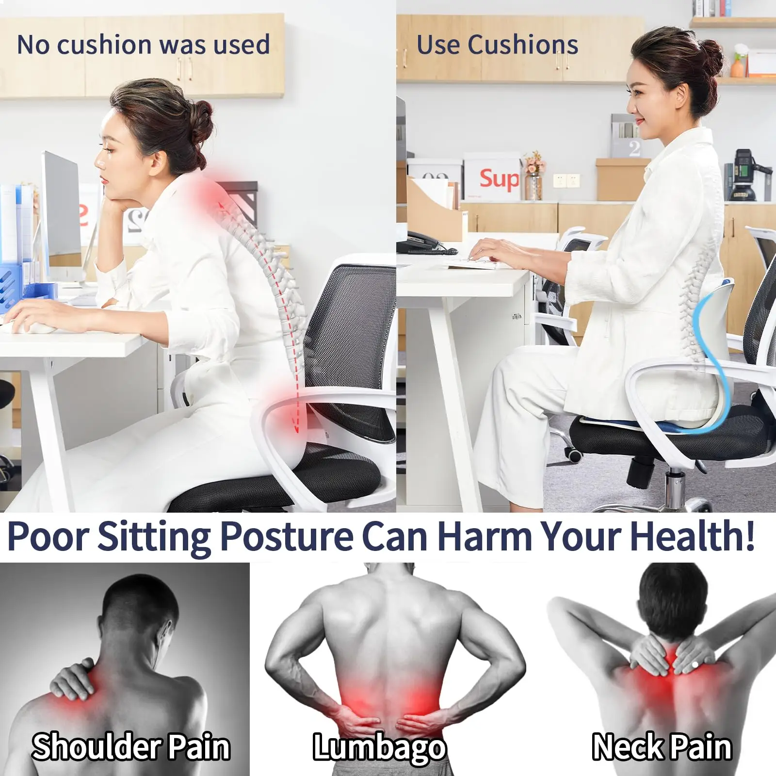 Folding Seat Cushion Sitting Posture Correction Chair Bed Cushion Back Lumbar Support for Kids Adults Office Back Pain Relief 2