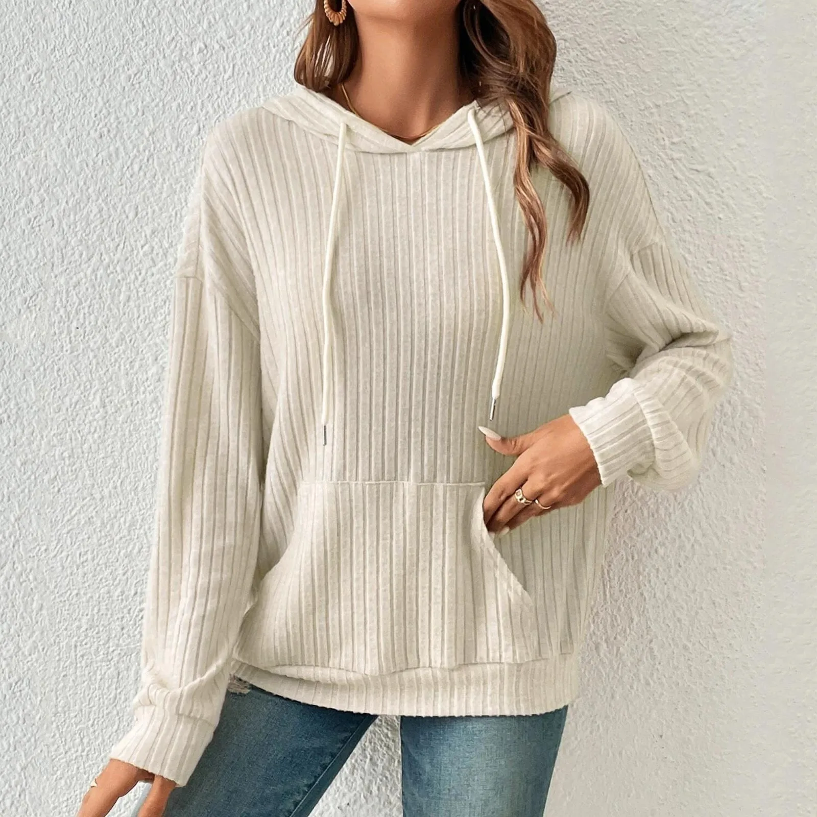 

Women Knitted Ribbed Hoodie Solid Color Basic Hoodie Long Sleeve Drawstring Pullover Casual Comfy Sweatshirts Sudadera Mujer