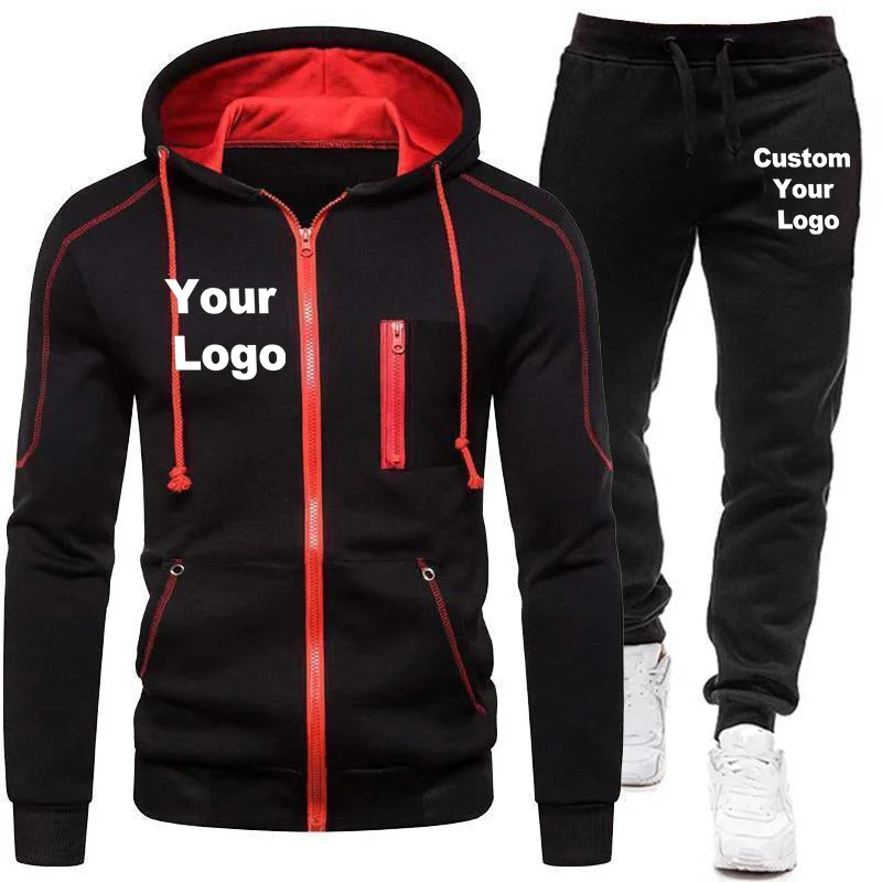 

Custom Logo Winter Sportwear Men's 2Pcs Sportswear Hooded Sweatshirt Coat Jogger Pants Set with Zipper Placket Elastic Sets