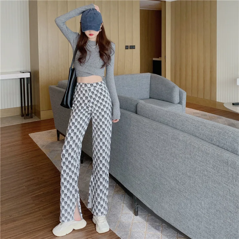 2024 Fall Y2k Trouser Early Spring New Korean High Waist Pants Black White Letters Loose Casual Split Straight Wide Leg Pants
