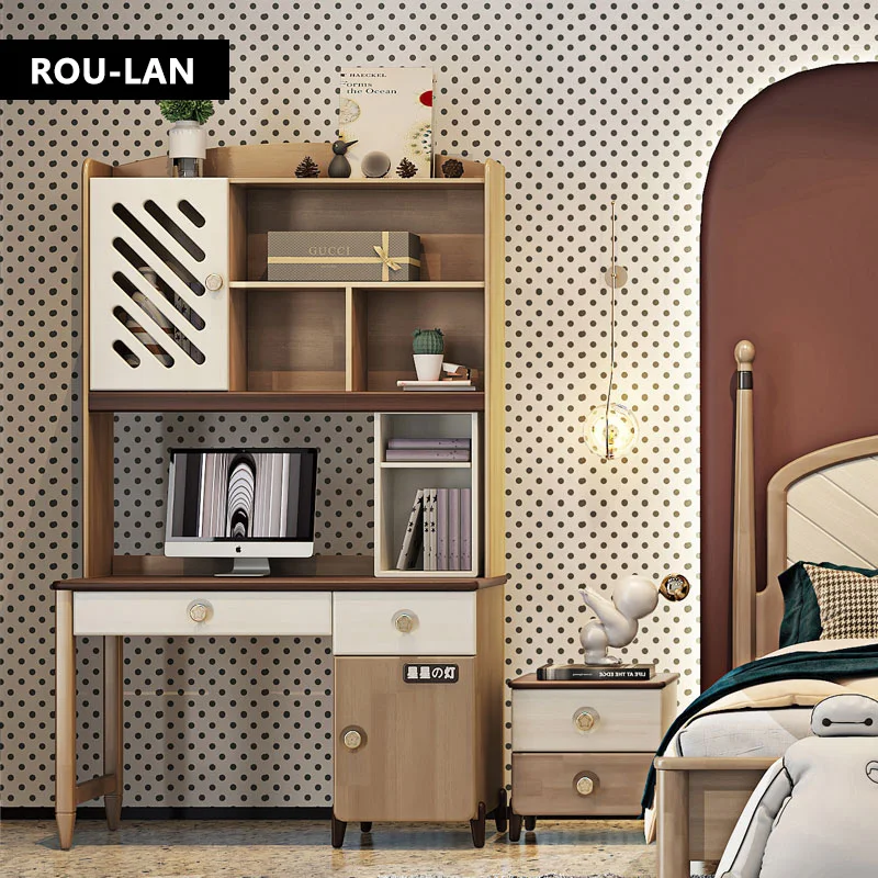 

Modern Children's Solid Wood Desk with Hutch and Storage Writing Computer Table Kids Right-angle Corner Desk Combination