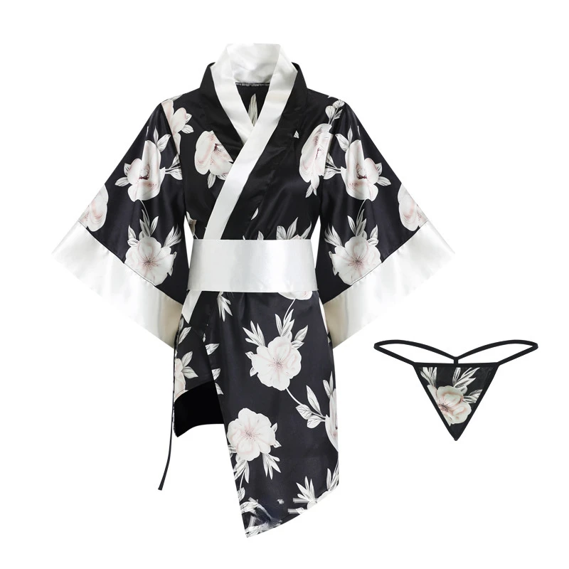 Japanese Kimono Sexy Cosplay Outfit For Women Traditional Style Robe Yukata Costumes Pajamas Soft Silk Belt 3pcs Set Black Red