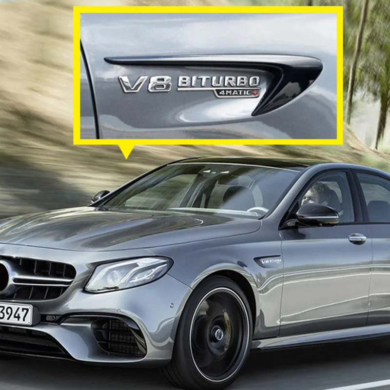 2pcs Vent Fender Trim Emblem Blade Logo V8 BITURBO 4MATIC+ for Mercedes Benz AMG C200 C300 E300 E400 W213 Car Side Sticker |