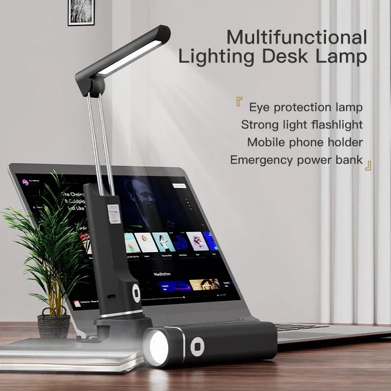 Multifunkční 4-in-1 LED psací stůl lamp dobíjecí odnímatelné baterka stůl lampa dotek stmívatelné telefon držák čtení lehký