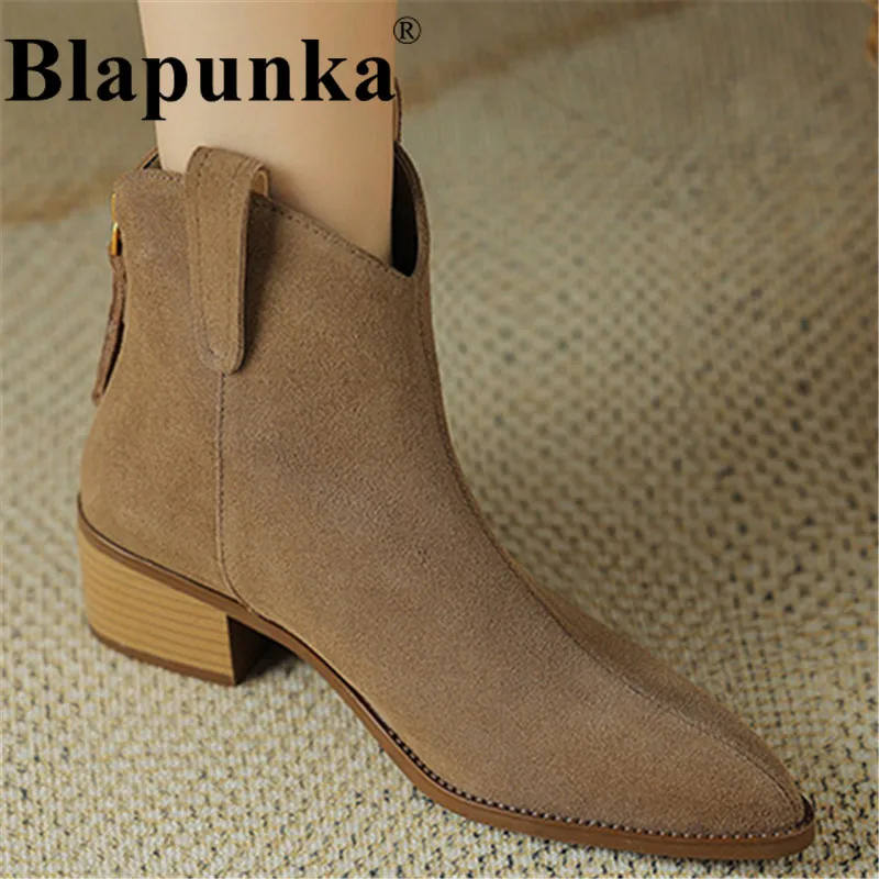 

Blapunka Women Cow Suede Leather Western Boots Block Medium Heels Zipper Pointed Toe Cowgirl Cowboy Ankle Boots Big Size 43 Shoe