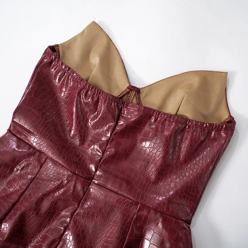 Vestido mini sexy de cuero burdeos sin tirantes para mujer, espalda descubierta, cintura alta, paquete de cadera, vestidos femeninos de verano 2025, ropa de club Y2K ajustada