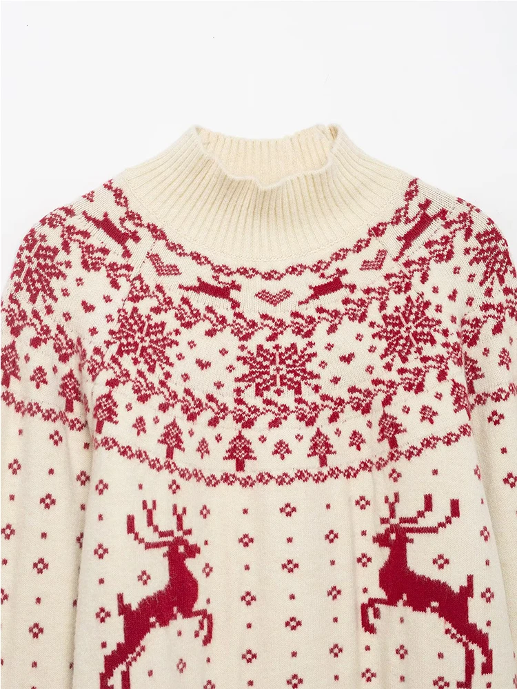 Autumn Winter Chic Knitted Pullover Women Elegant Christmas Jacquard Sweater Casual Long Sleeve Female Casual Knitwear Top