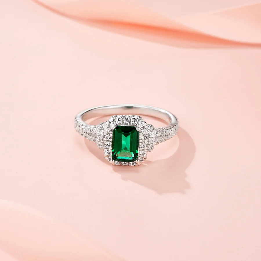 JIUZUAN Emerald Cut 5x7mm Lab Emerald Ring S925 Silver 18K Gold Plated Pavé Moissanite Halo Engagement Jewelry for Women Ring - 4