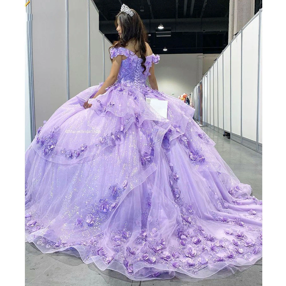 ANGELSBRIDEP Lilac Ball Gown Quinceanera Dresses Shiny Celebrity Party Gowns 3D Appliqued Flowers Graduation Vestidos De 15 A&ntilde;os