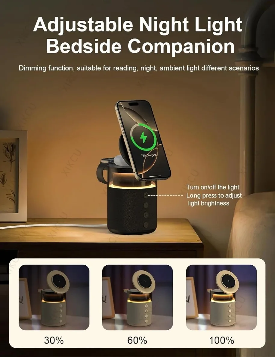 5 in 1 Magnetic Wireless Charging Bluetooth 5.4 Speaker Night Light For Apple Watch iPhone 17 16 15 14 13 12 Pro Max&AirPods Pro