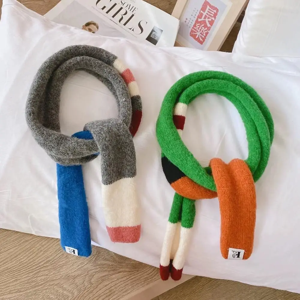 Korean Wool Striped Scarf Women's Thin And Narrow Long Scarf Y2K Girls Striped Decoration Scarves Winter Warm Patchwork Scarf