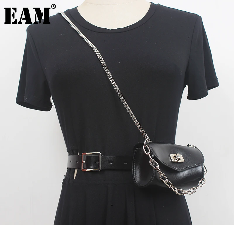 

[EAM] Pu Leather Black Mini-bag Long Chain Belt Personality Women New Fashion Tide All-match Spring Autumn 2023 1DE6682