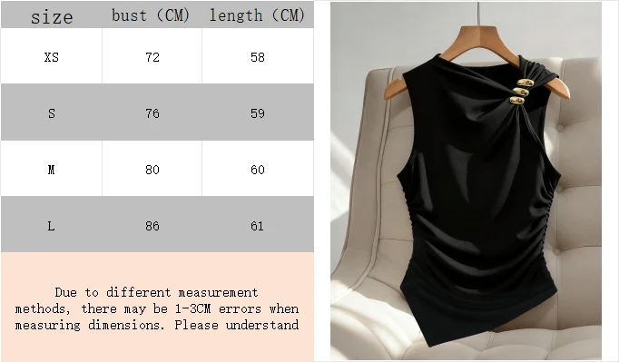 Women's summer casual fashion metal decoration waist pleated slim fit vest black sleeveless top,cropped top S767c7498a2904ddba25f01a1caa41fe7U