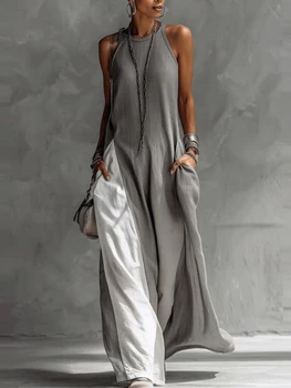 Women Strappy Maxi Dress A-line Vest Type Color Block Summer Beach Dress Loose Casual Halter Neck Pocket Long Dresses Vestidos 1