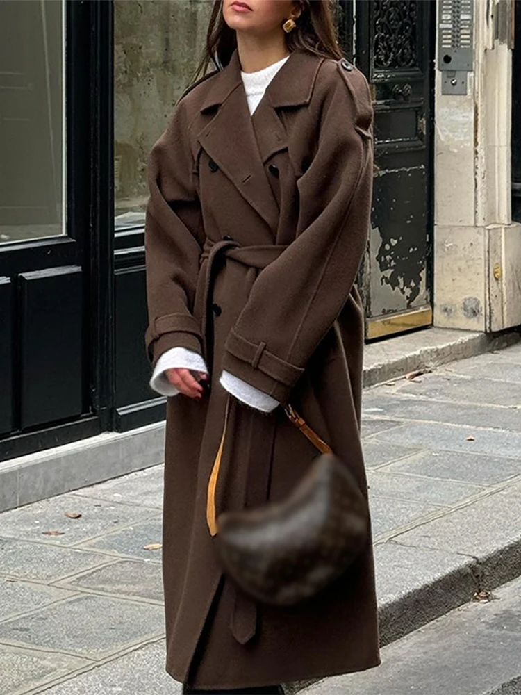 Street Long Trench Coats With Belt Women Black Loose Lapel Double Breasted Full Sleeve Overcoat 2025 Early Spring Lady Outwears 2