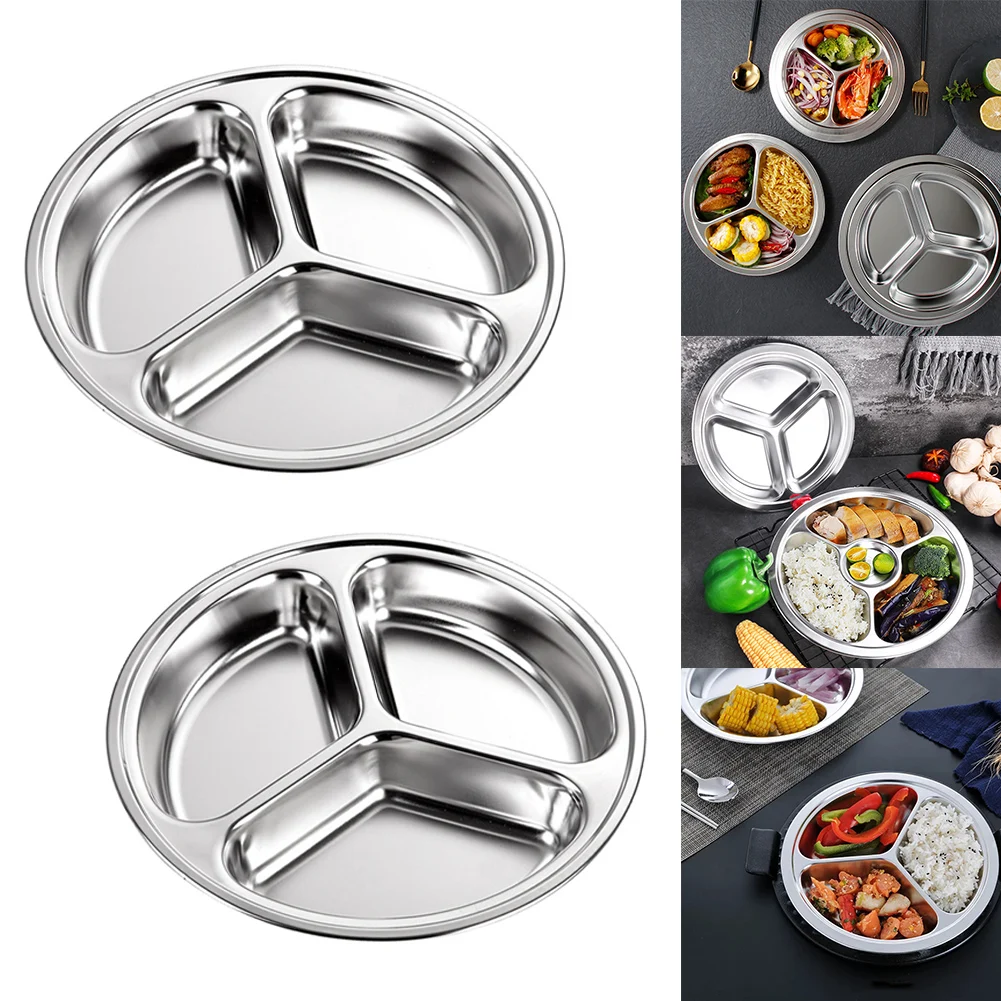 

2Pcs Stainless Steel Round Dinner Plate 3 Divided Dish Kitchen Dinnerware Portion Plates For Adults Kids Fruit Snack Tray 24cm