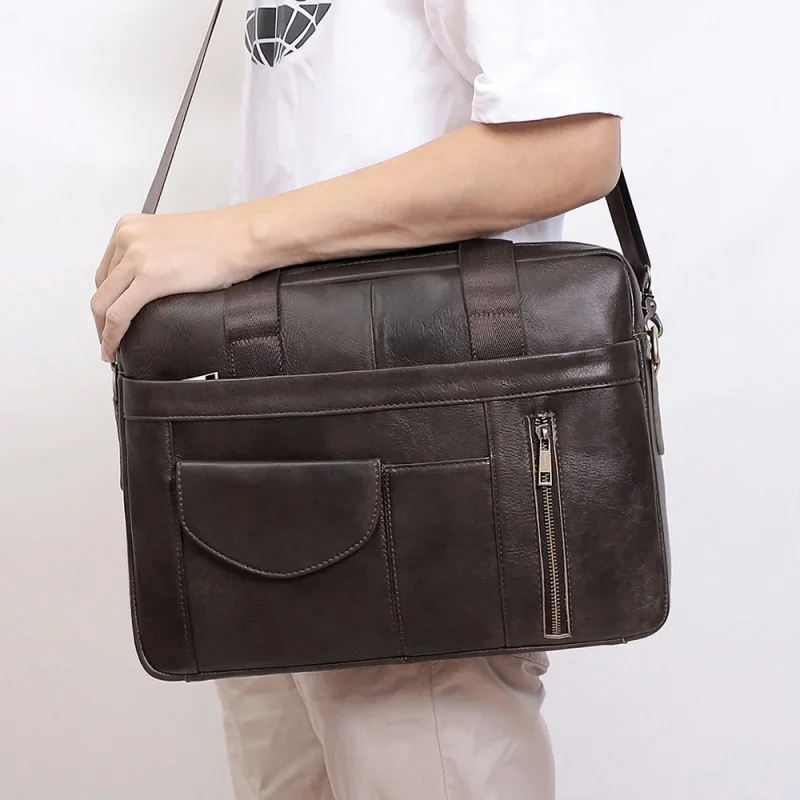 Genuine Leather Men's Briefcase Office Handbag Large Capacity Male Shoulder Messenger Bag Business 15.6 