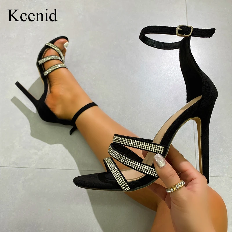

Kcenid Sexy Rhinestones Sandals Women Black Thin High Heels Ladies Pumps Ankle Strap Female 2022 Summer New Party Shoes