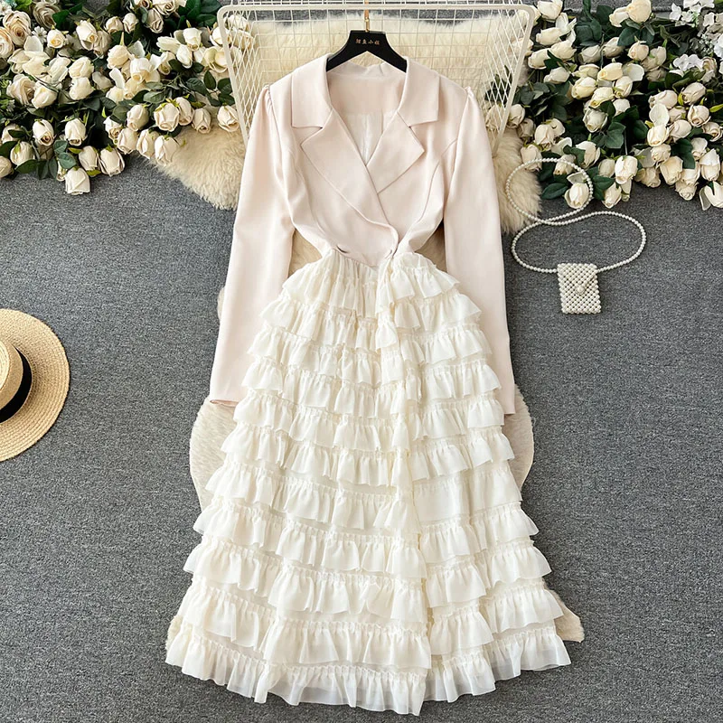 

Autumn Winter Vintage Women Red/Black/Khaki/Beige Ruffle Patchwrok Long Dress Ladies Office Notched Collar Long Sleeve Maxi Robe