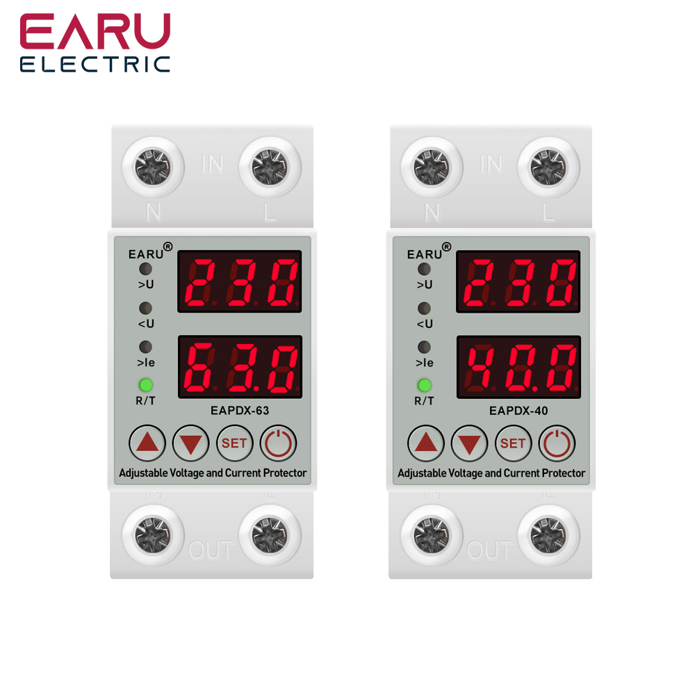 40A 63A 230V Din Rail Adjustable Over Voltage And Under Voltage Protective Device Protector Relay Over Current Protection Limit